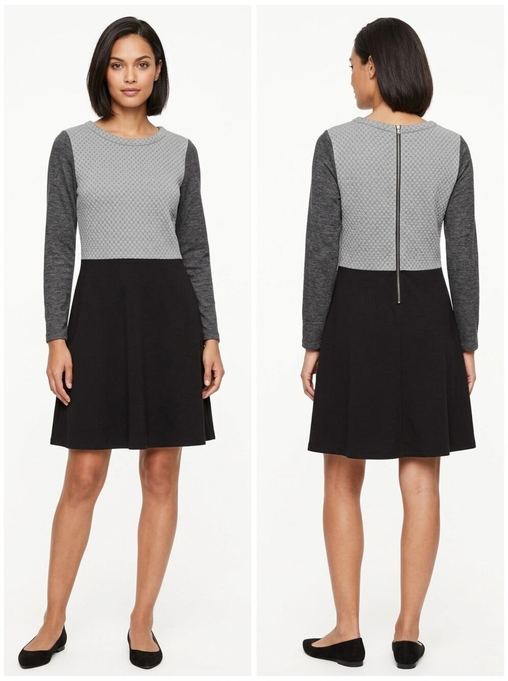 Loft Black Colorblock Textured Knit Long Sleeve A-Line Dress Women Size 8